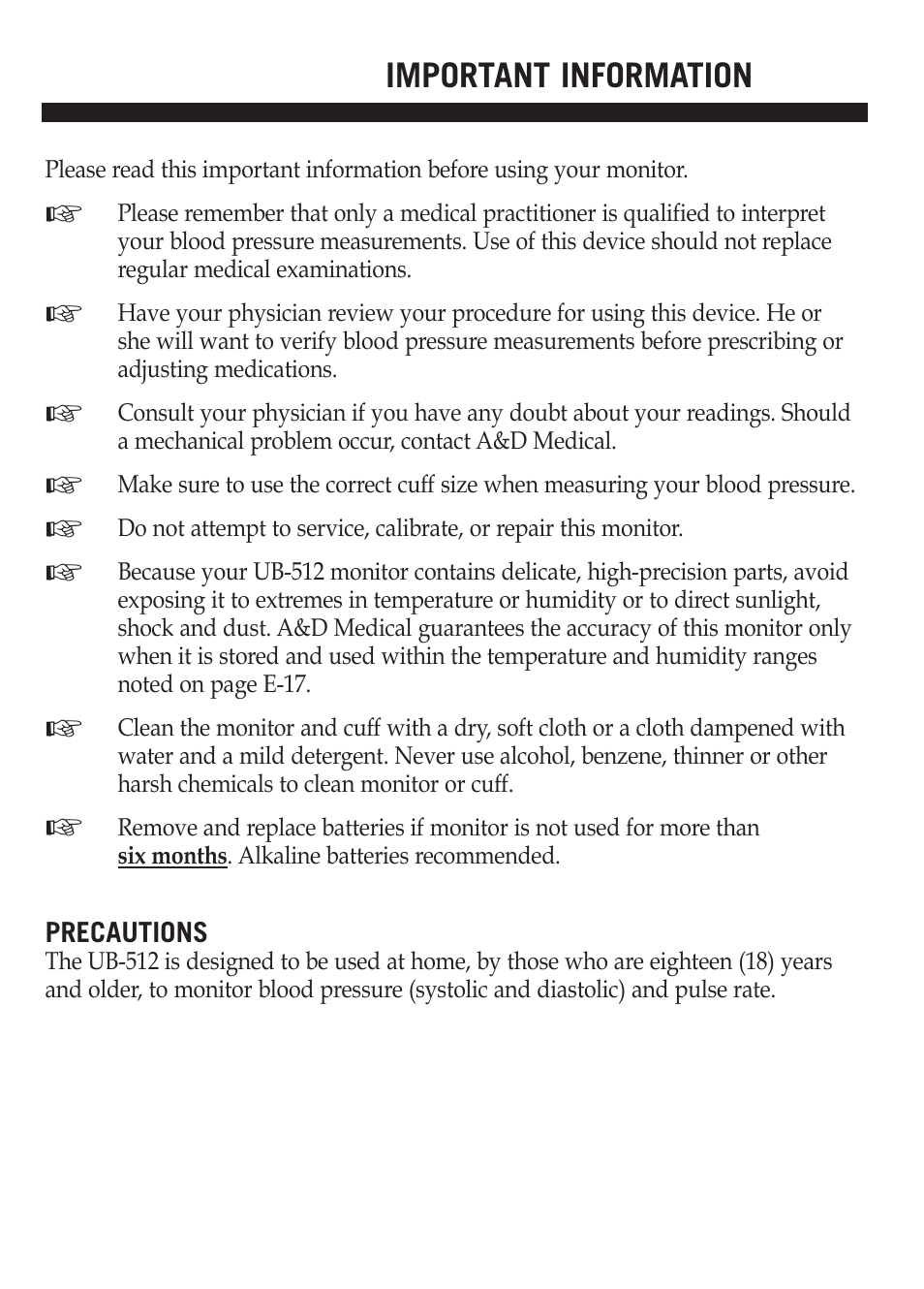 Important information | A&D Dual Memory Wrist Blood Pressure Monitor UB-512 User Manual | Page 3 / 23