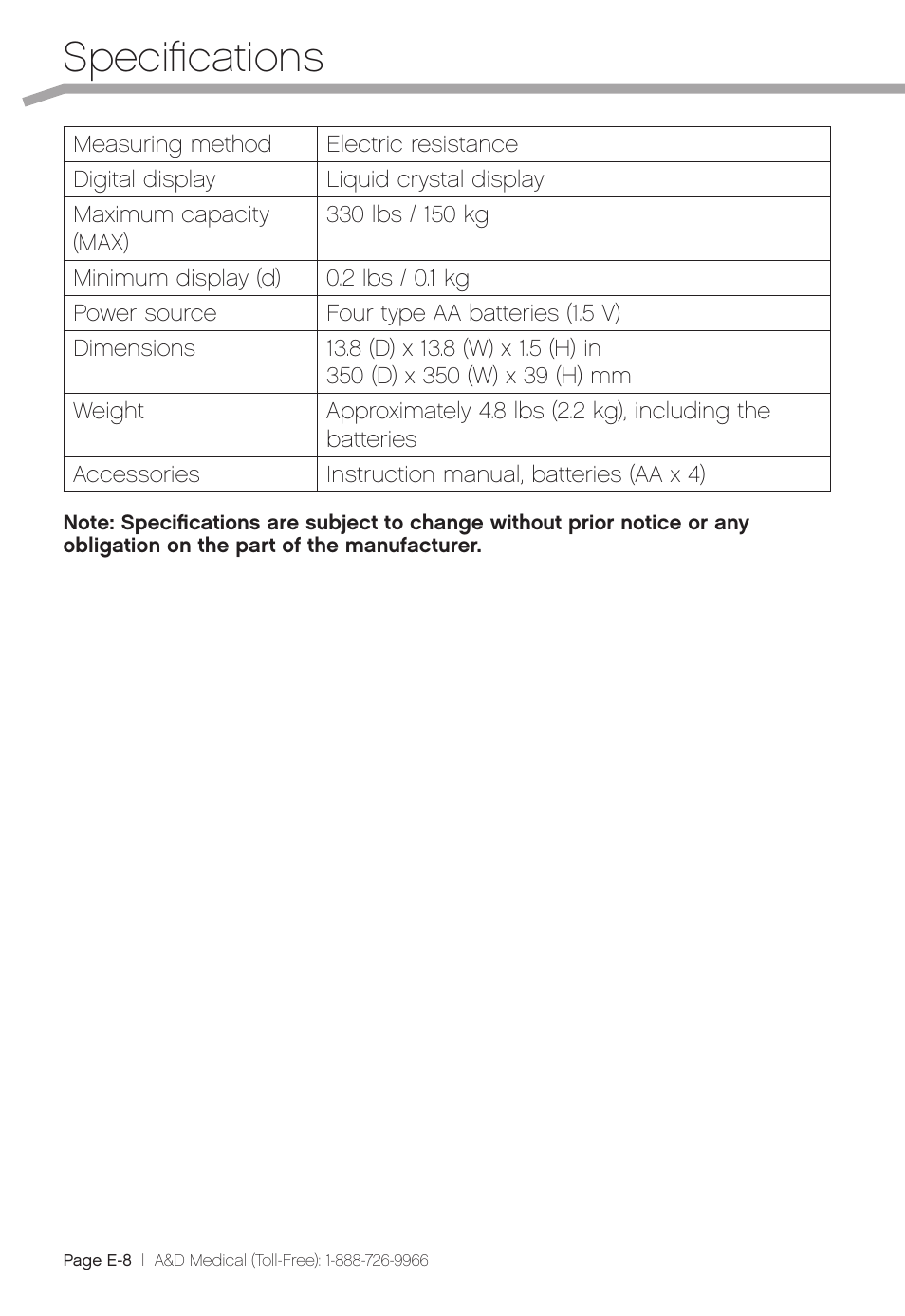 Specifications | A&D Precision Scale UC-324THW User Manual | Page 10 / 36
