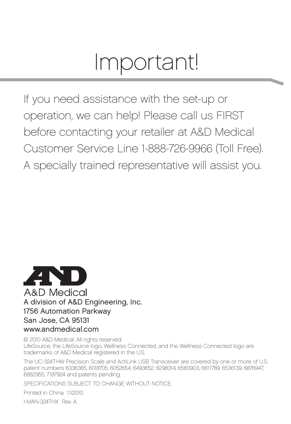 Important | A&D Precision Scale UC-324THW User Manual | Page 11 / 36