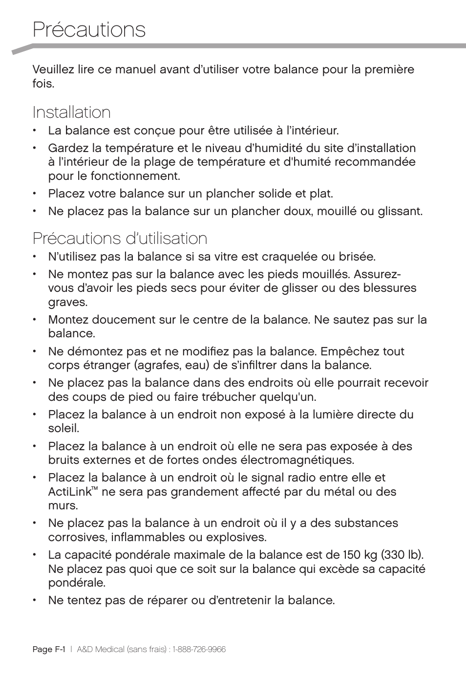 Précautions, Installation, Précautions d’utilisation | A&D Precision Scale UC-324THW User Manual | Page 14 / 36