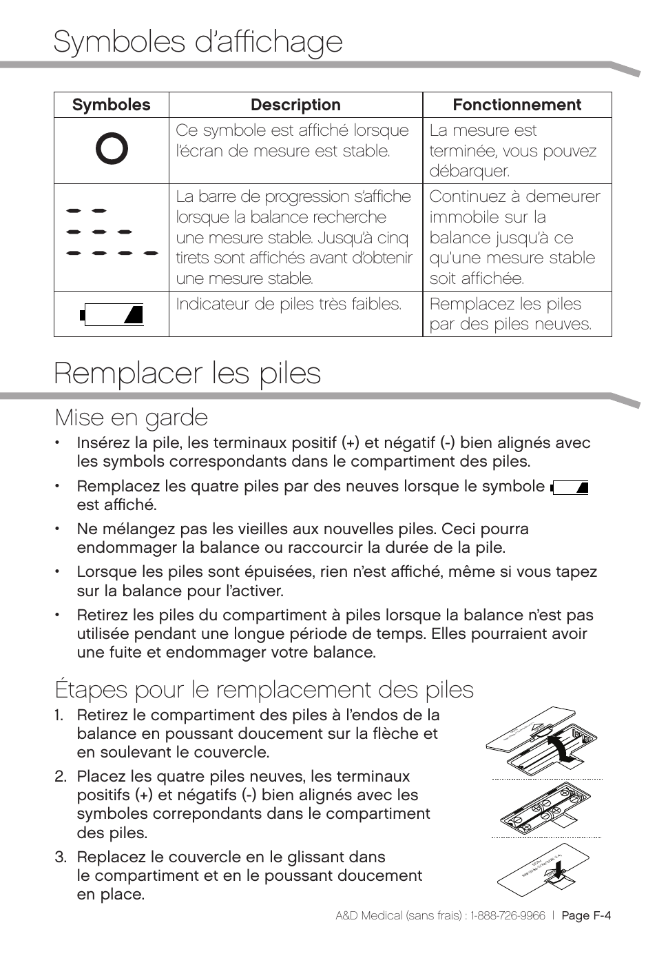 Symboles d’affichage remplacer les piles, Mise en garde, Étapes pour le remplacement des piles | A&D Precision Scale UC-324THW User Manual | Page 17 / 36