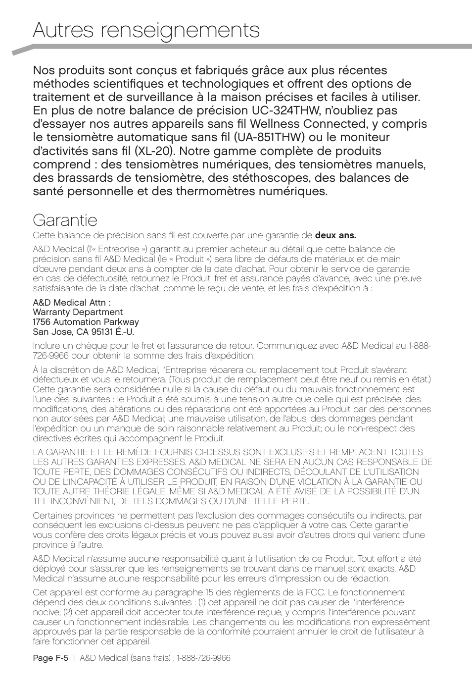 Autres renseignements, Garantie | A&D Precision Scale UC-324THW User Manual | Page 18 / 36