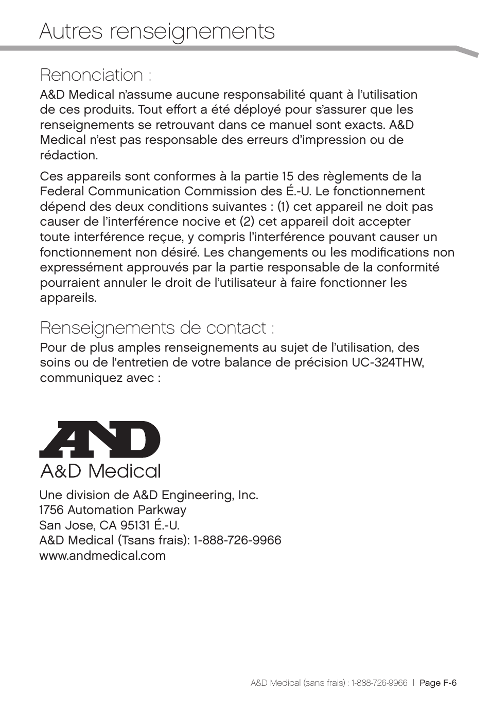 Autres renseignements, Renonciation, Renseignements de contact | A&D Precision Scale UC-324THW User Manual | Page 19 / 36