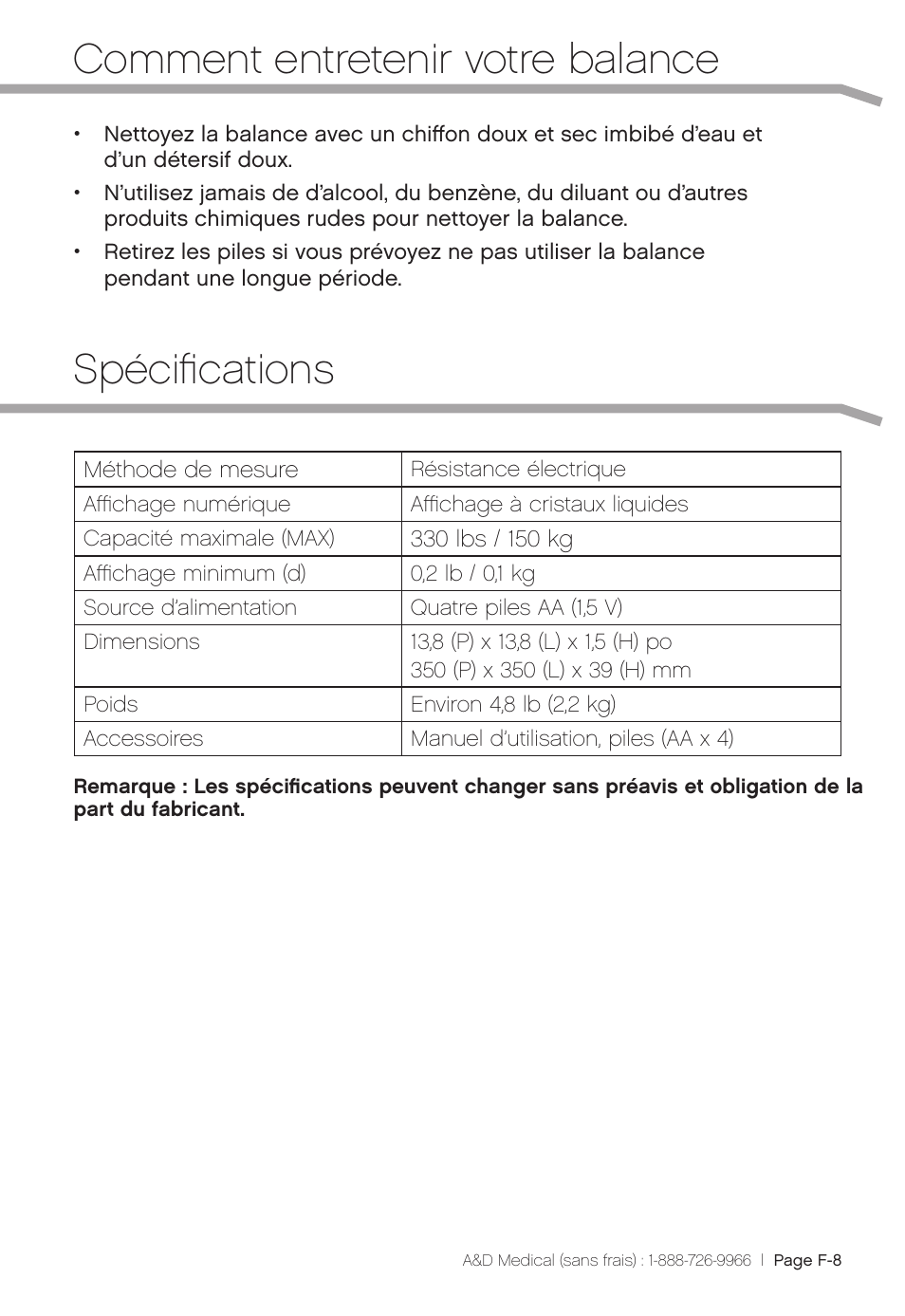 Spécifications, Comment entretenir votre balance | A&D Precision Scale UC-324THW User Manual | Page 21 / 36