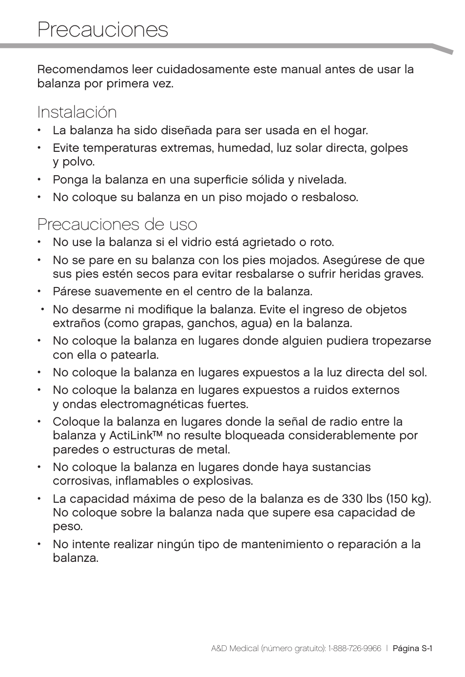 Precauciones, Instalación, Precauciones de uso | A&D Precision Scale UC-324THW User Manual | Page 25 / 36