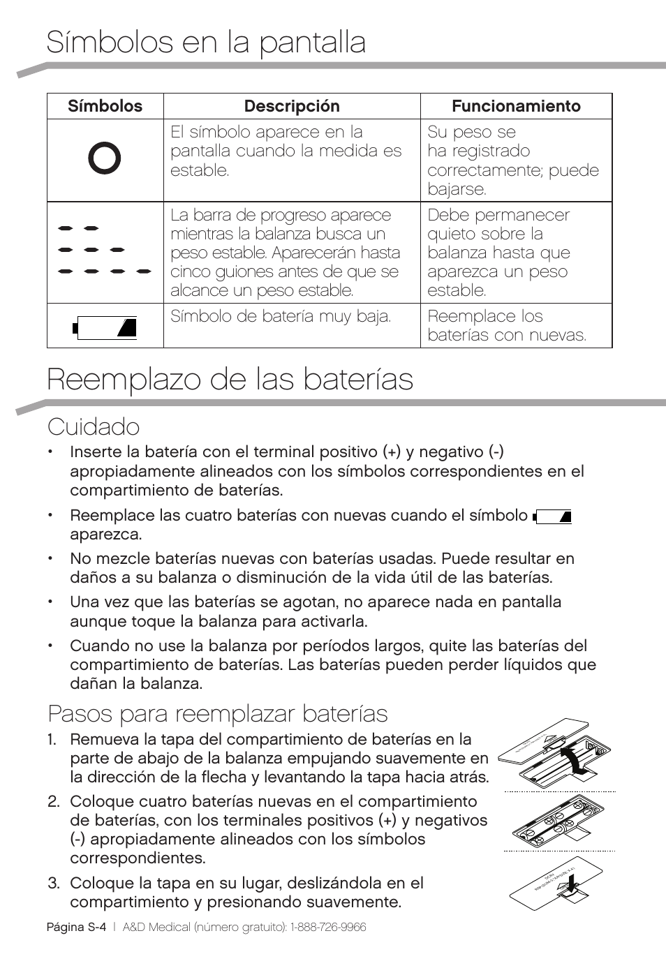 Símbolos en la pantalla reemplazo de las baterías, Cuidado, Pasos para reemplazar baterías | A&D Precision Scale UC-324THW User Manual | Page 28 / 36