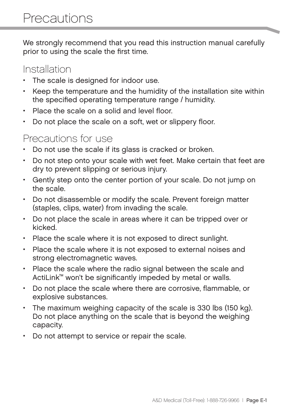 Precautions, Installation, Precautions for use | A&D Precision Scale UC-324THW User Manual | Page 3 / 36