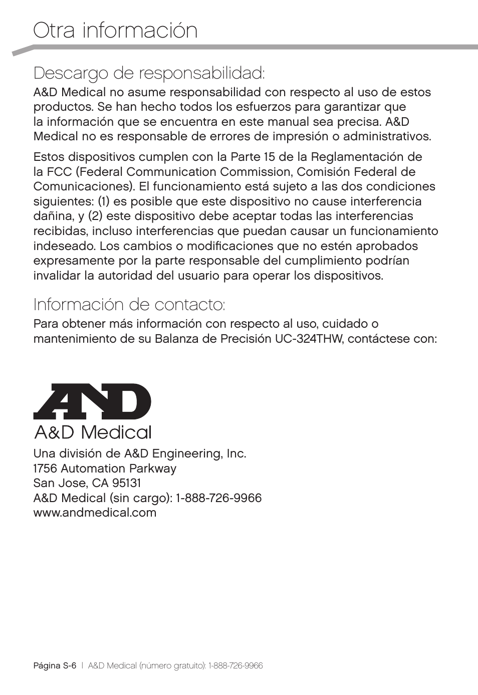 Otra información, Descargo de responsabilidad, Información de contacto | A&D Precision Scale UC-324THW User Manual | Page 30 / 36