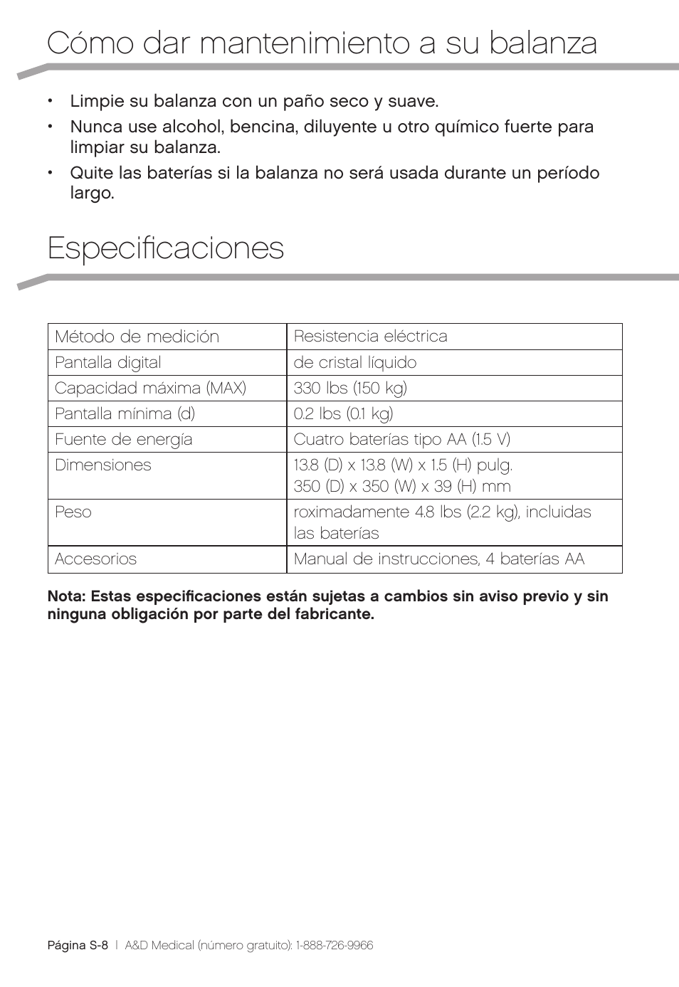 Cómo dar mantenimiento a su balanza, Especificaciones | A&D Precision Scale UC-324THW User Manual | Page 32 / 36