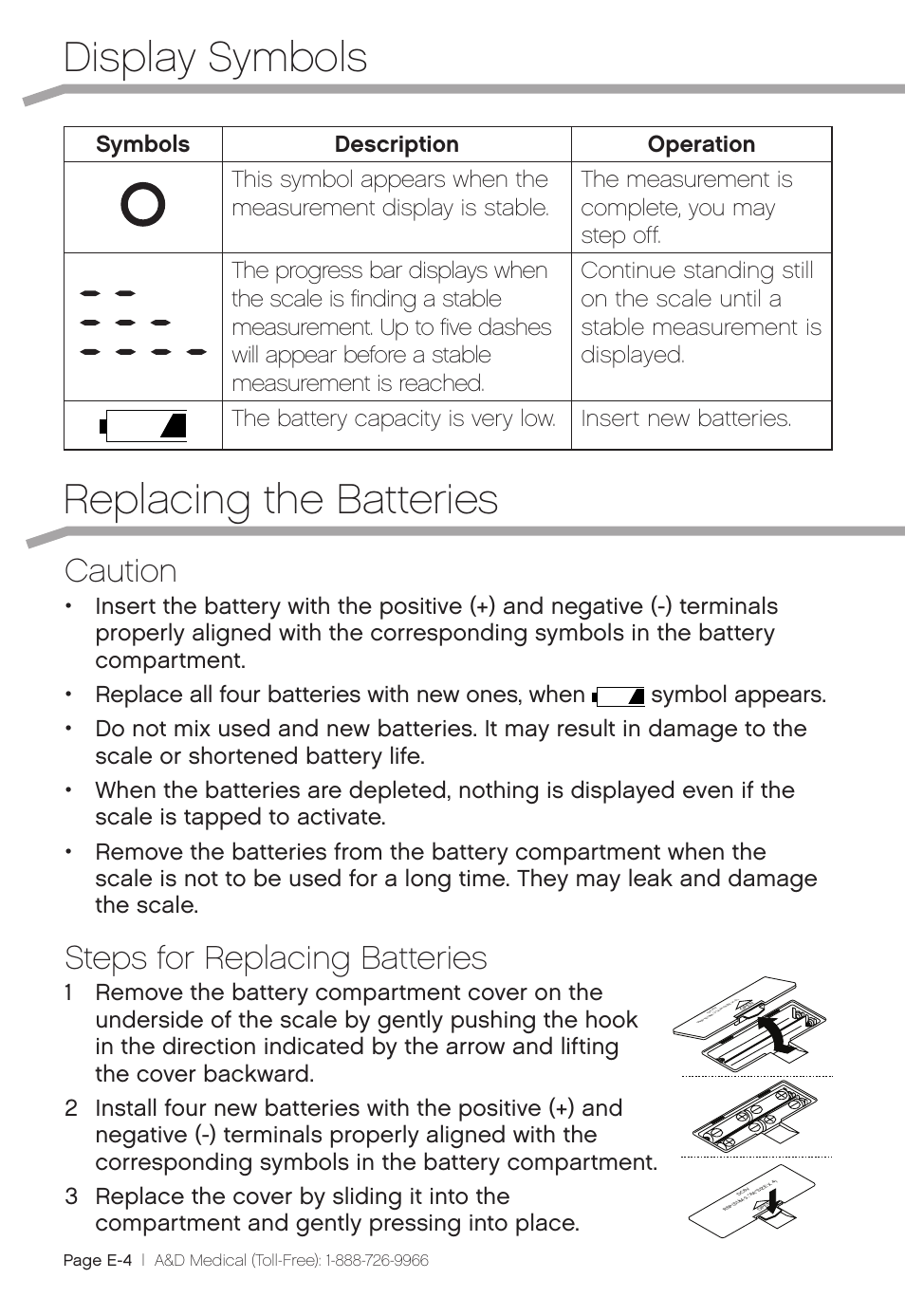 Display symbols replacing the batteries, Caution, Steps for replacing batteries | A&D Precision Scale UC-324THW User Manual | Page 6 / 36