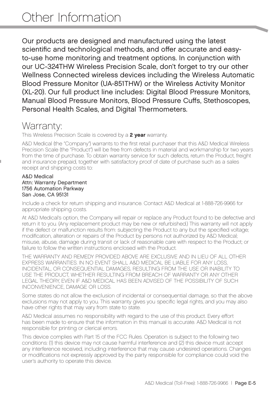 Other information, Warranty | A&D Precision Scale UC-324THW User Manual | Page 7 / 36