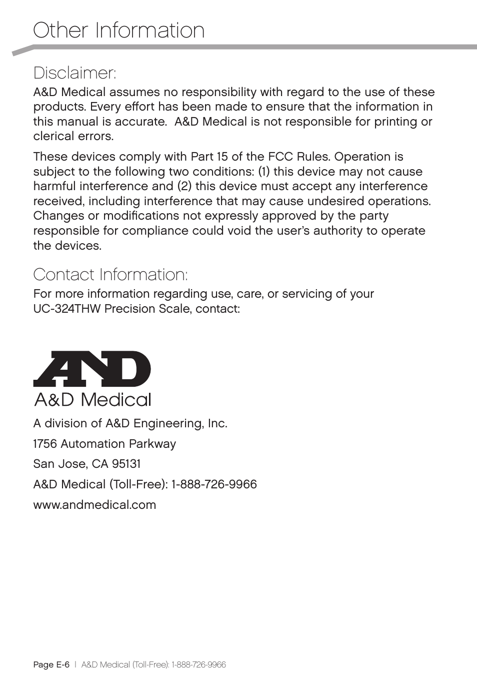 Other information, Disclaimer, Contact information | A&D Precision Scale UC-324THW User Manual | Page 8 / 36