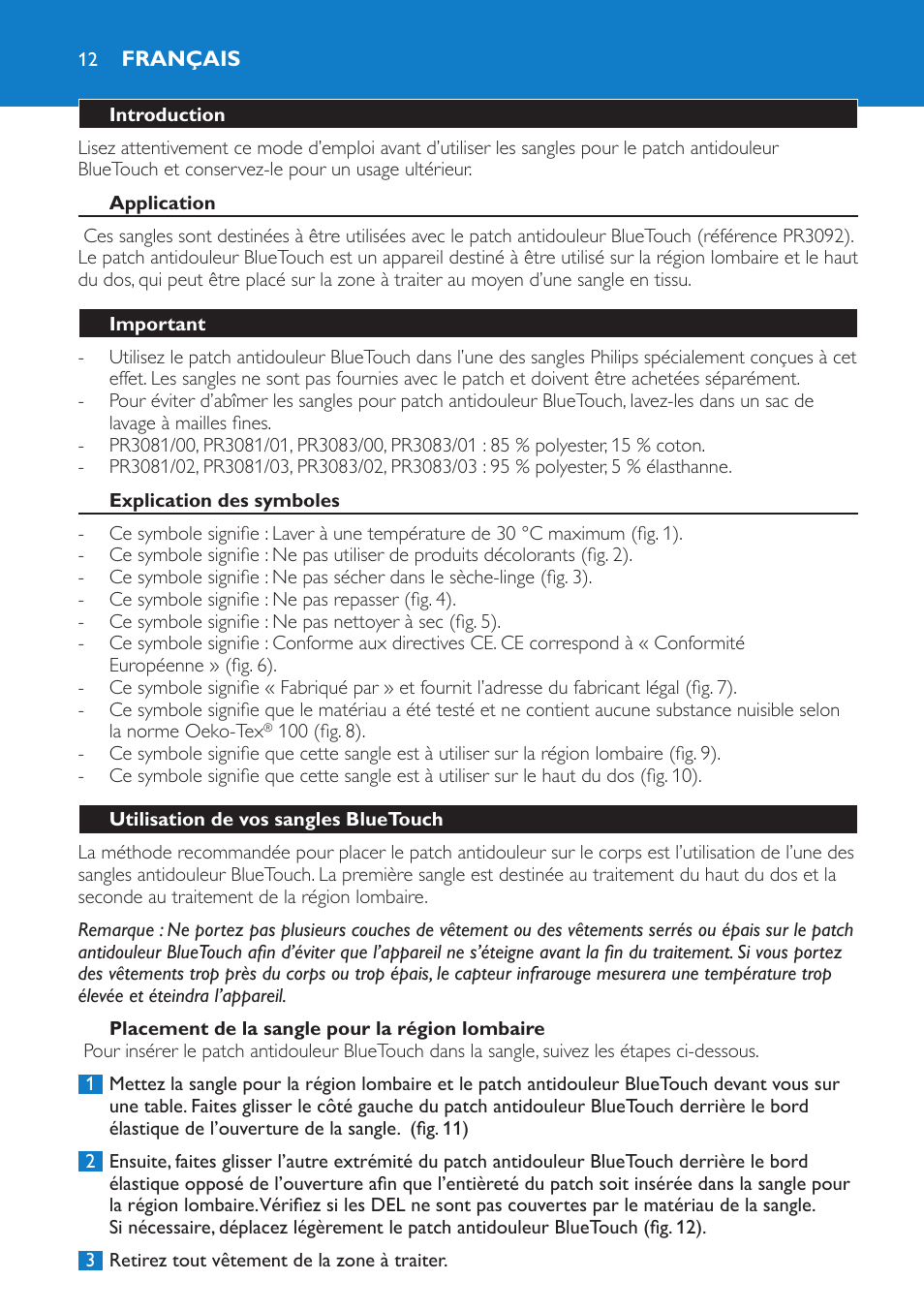 Français, Français 12 | Philips BlueTouch-Rückenband unterer Rücken L-XL User Manual | Page 12 / 30