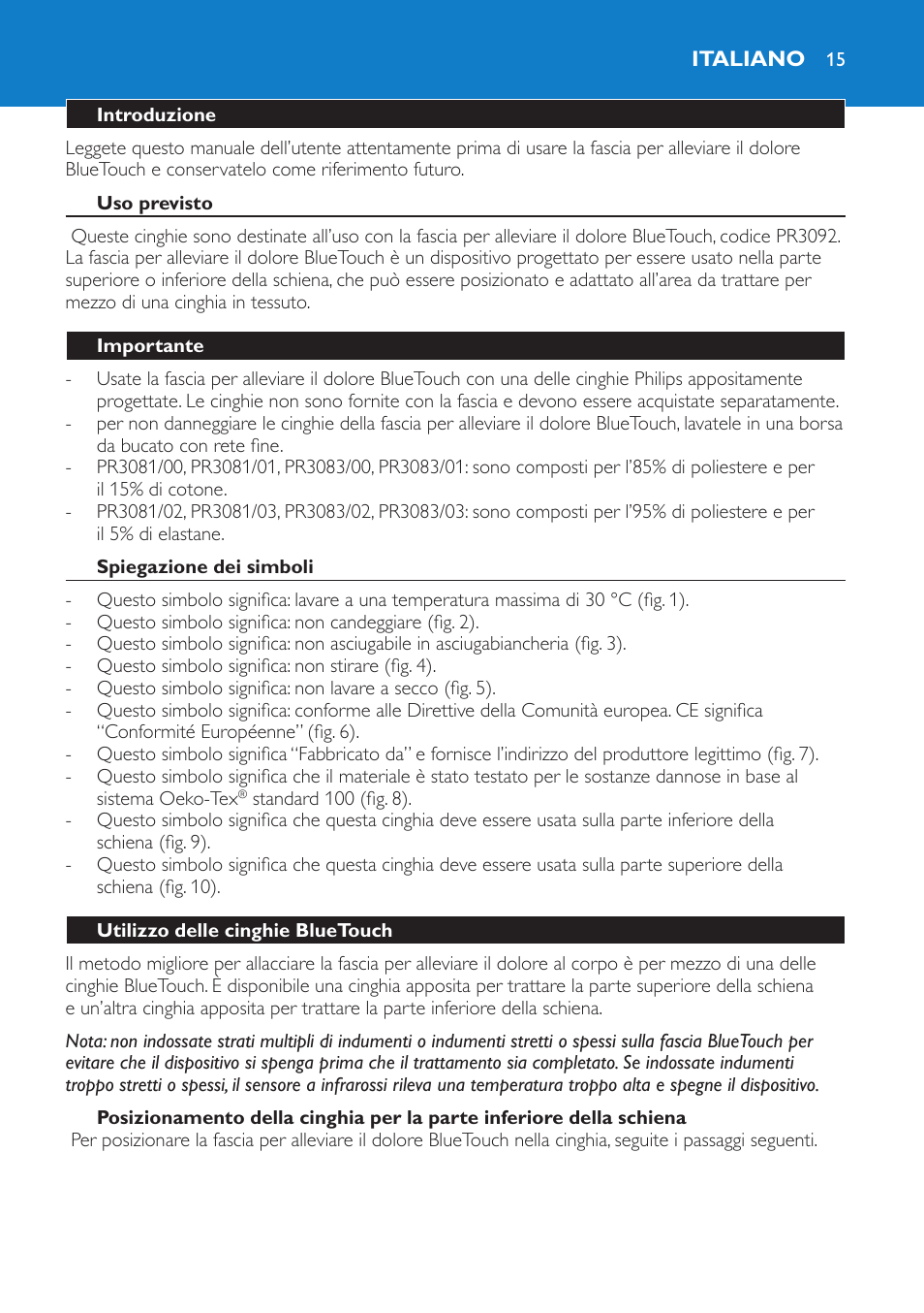 Italiano | Philips BlueTouch-Rückenband unterer Rücken L-XL User Manual | Page 15 / 30