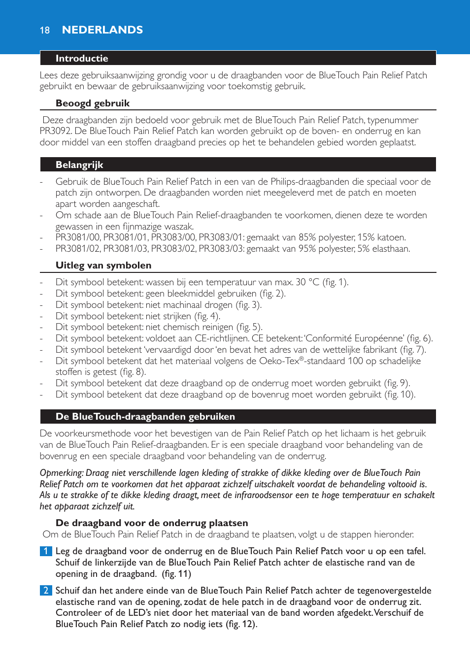Nederlands, Nederlands 18 | Philips BlueTouch-Rückenband unterer Rücken L-XL User Manual | Page 18 / 30