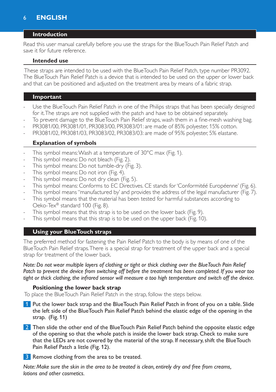 English | Philips BlueTouch-Rückenband unterer Rücken L-XL User Manual | Page 6 / 30