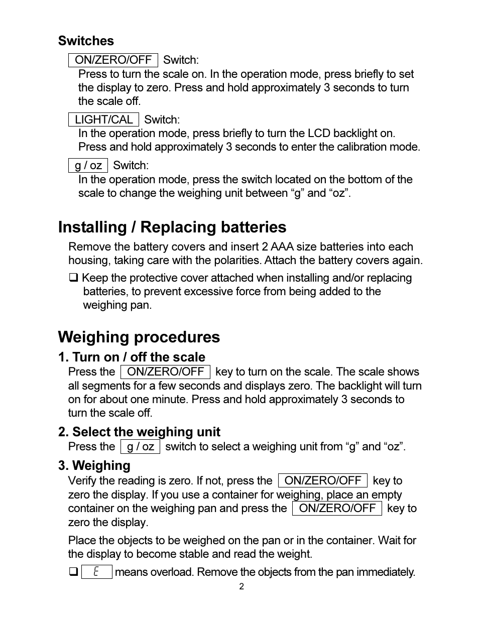 Installing / replacing batteries, Weighing procedures | A&D Compact Scale HJ-150 User Manual | Page 2 / 4