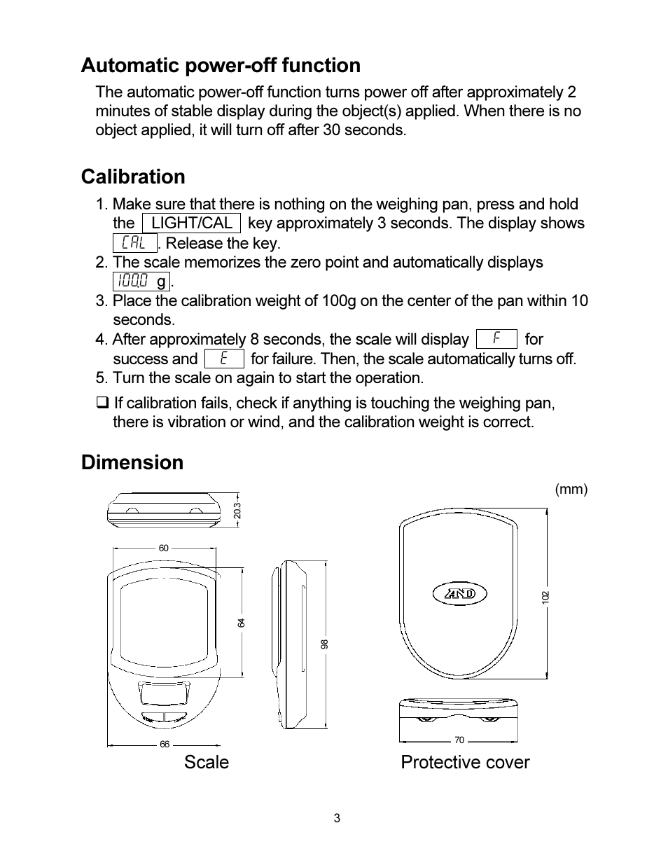 Automatic power-off function, Calibration, Dimension | Scale protective cover | A&D Compact Scale HJ-150 User Manual | Page 3 / 4