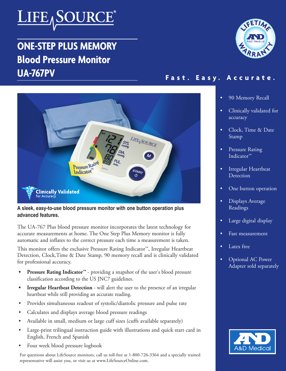 A&D One-Step Plus Memory Blood Presure Monitor UA-767PV User Manual | 2 pages