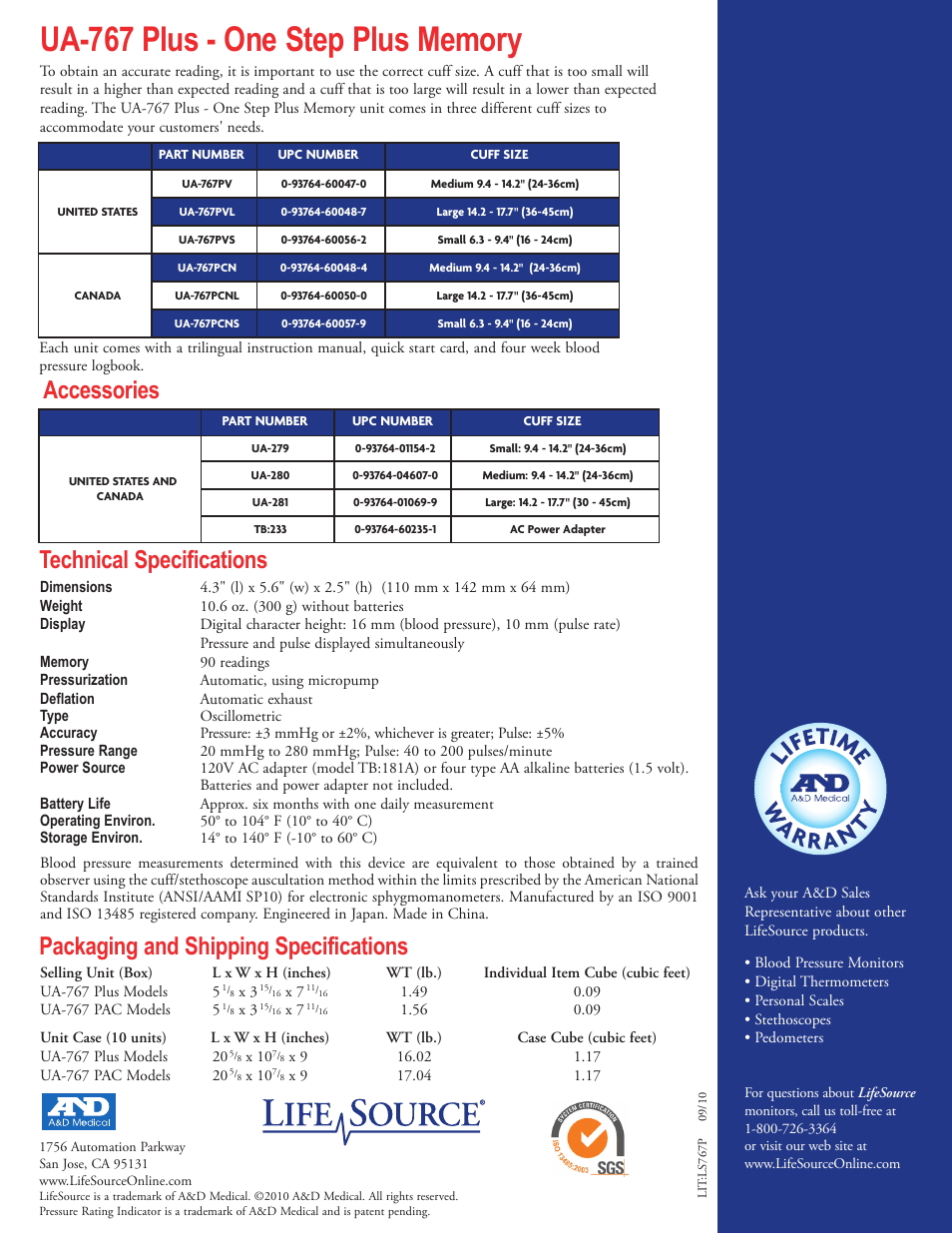 Technical specifications, Packaging and shipping specifications, Accessories | A&D One-Step Plus Memory Blood Presure Monitor UA-767PV User Manual | Page 2 / 2