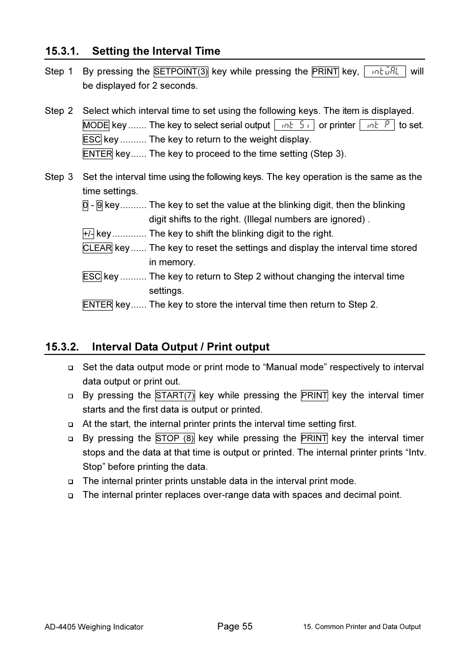 Setting the interval time, Interval data output / print output | A&D Weighing Indicator AD-4405 User Manual | Page 57 / 80