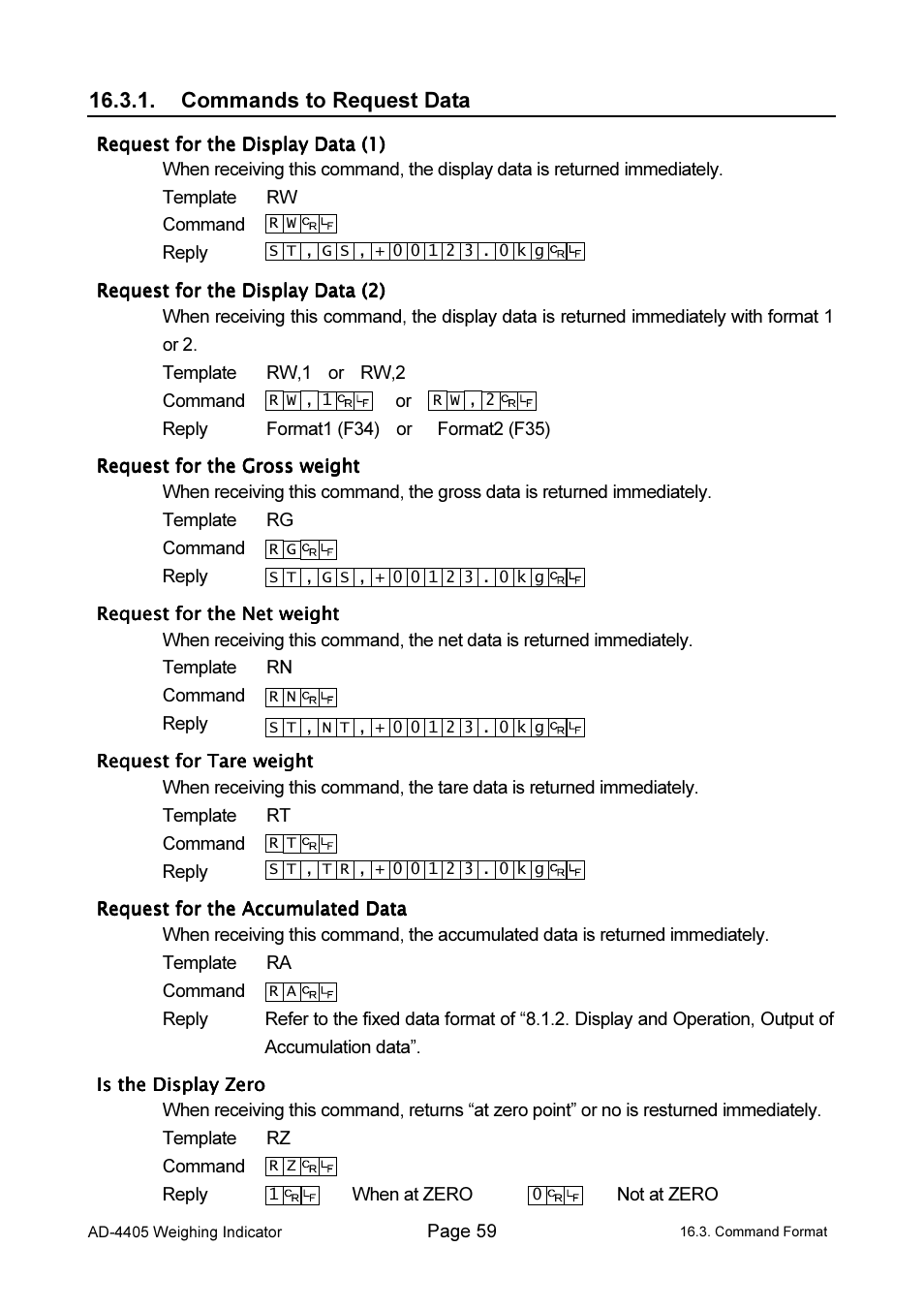 Commands to request data | A&D Weighing Indicator AD-4405 User Manual | Page 61 / 80