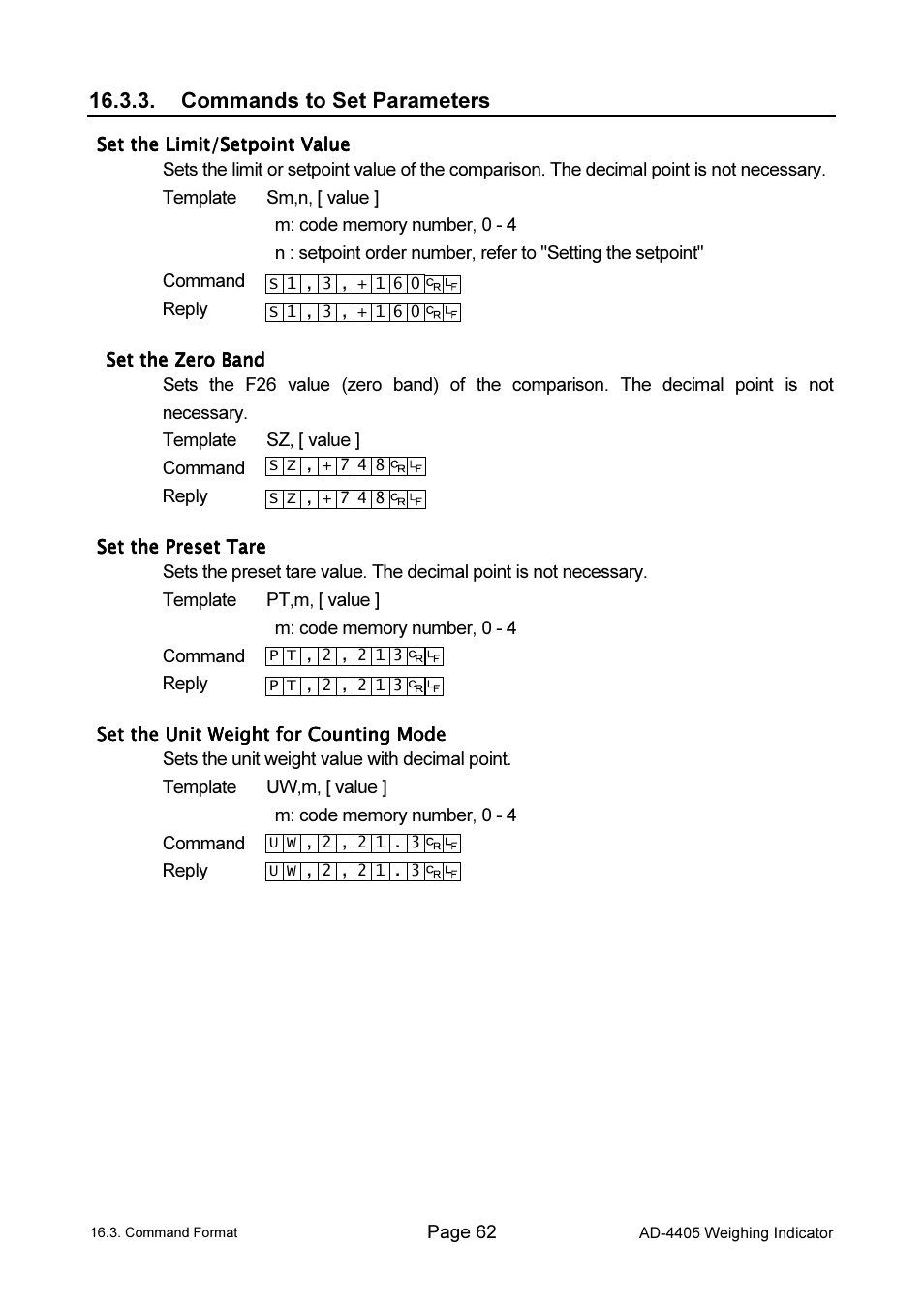 Commands to set parameters | A&D Weighing Indicator AD-4405 User Manual | Page 64 / 80