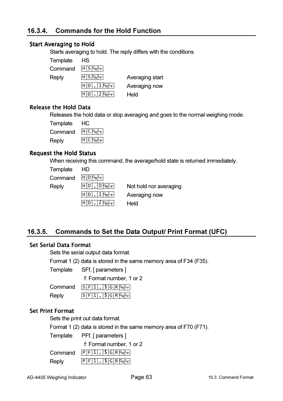 Commands for the hold function | A&D Weighing Indicator AD-4405 User Manual | Page 65 / 80