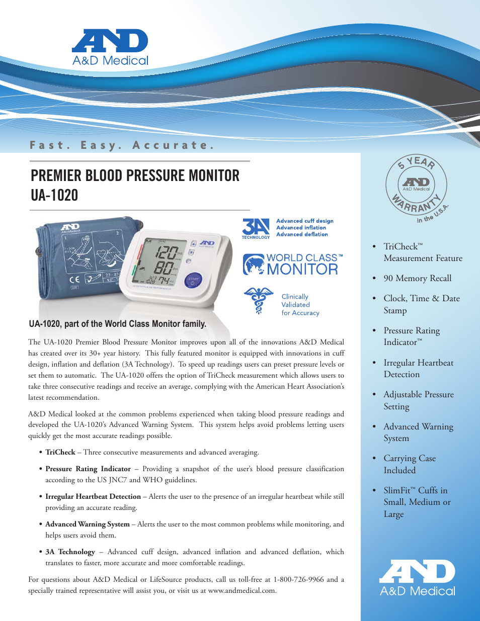 A&D A & D Medical Premier Blood Pressure Monitor UA-1020 User Manual | 2 pages
