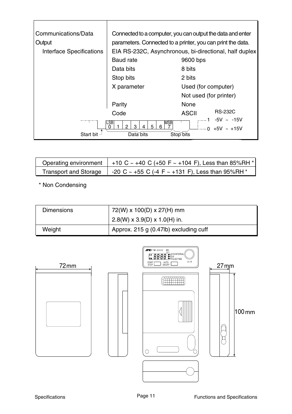 Environment specifications, Physical specifications | A&D WM:PD4000136 Ambulatory Blood Pressure Monitor User Manual | Page 13 / 36