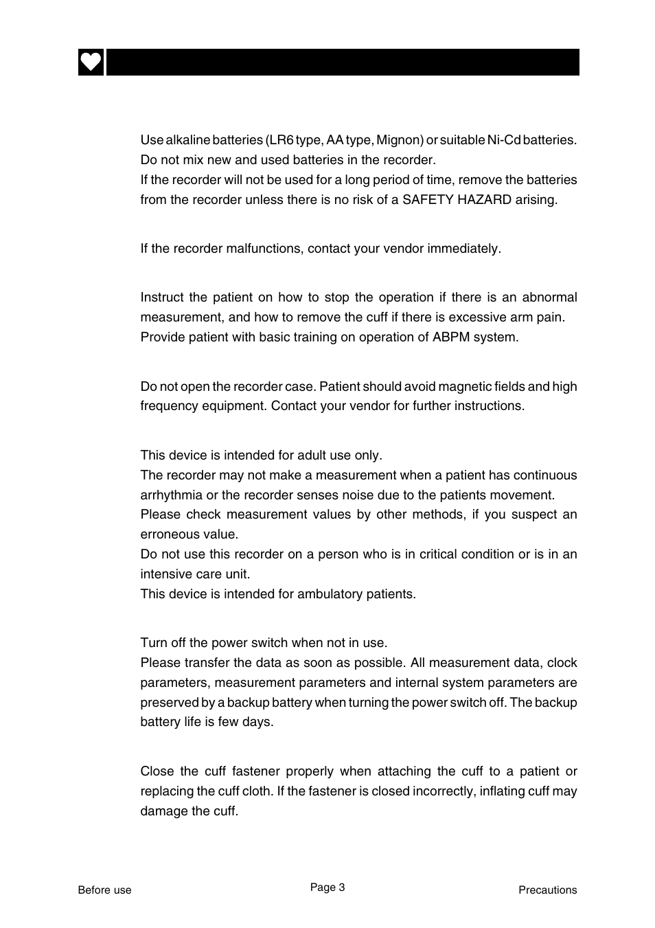 Precautions for use precautions | A&D WM:PD4000136 Ambulatory Blood Pressure Monitor User Manual | Page 5 / 36