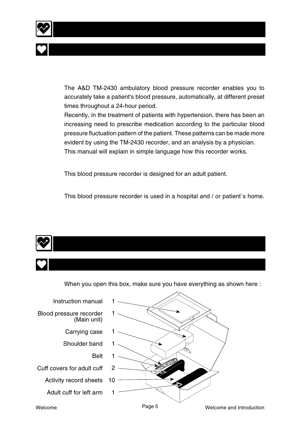 Welcome, Product overview, Packing list and component names | A&D WM:PD4000136 Ambulatory Blood Pressure Monitor User Manual | Page 7 / 36