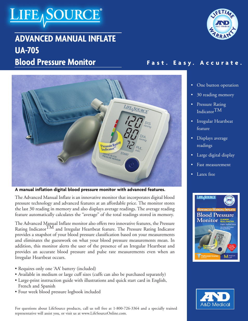 A&D Advanced Manual Inflate Blood Pressure Monitor UA-705 User Manual | 2 pages