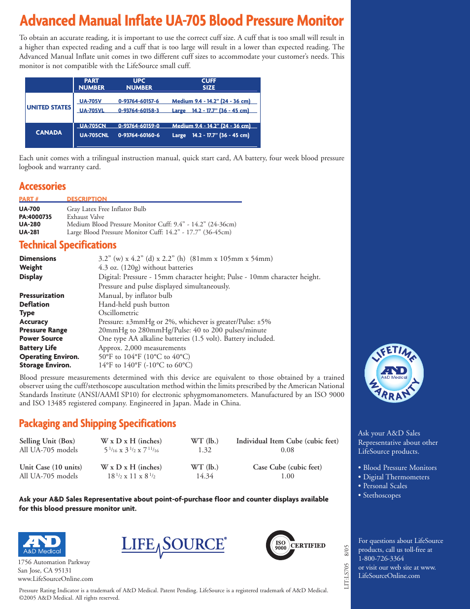 Technical specifications, Packaging and shipping specifications, Accessories | A&D Advanced Manual Inflate Blood Pressure Monitor UA-705 User Manual | Page 2 / 2