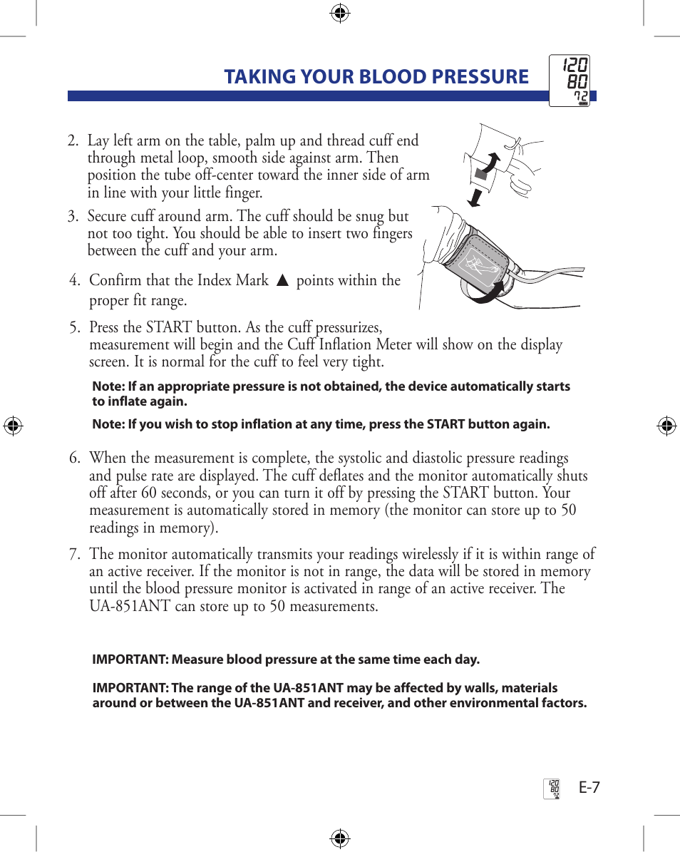 Taking your blood pressure | A&D Wireless Automatic Blood Pressure Monitor UA-851ANT User Manual | Page 11 / 69