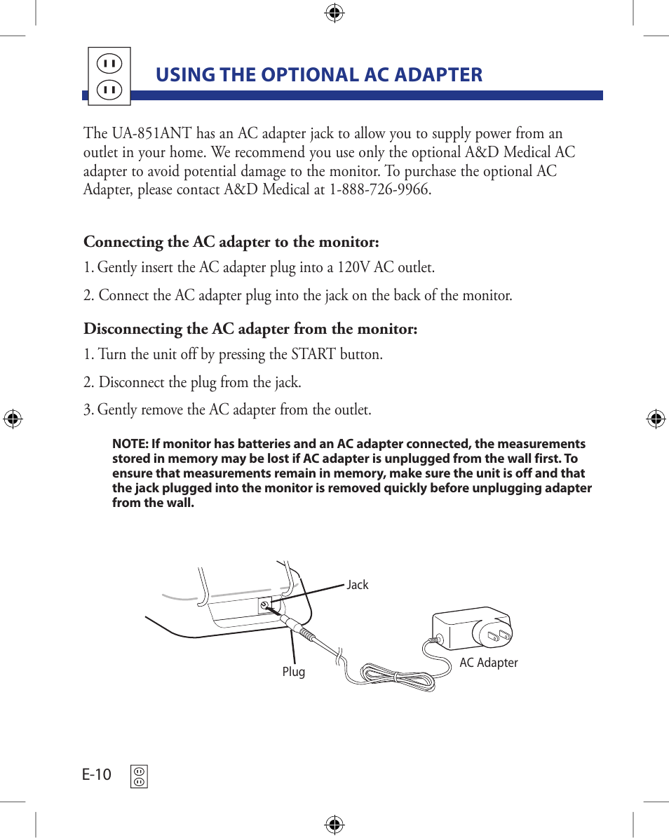 Using the optional ac adapter | A&D Wireless Automatic Blood Pressure Monitor UA-851ANT User Manual | Page 14 / 69