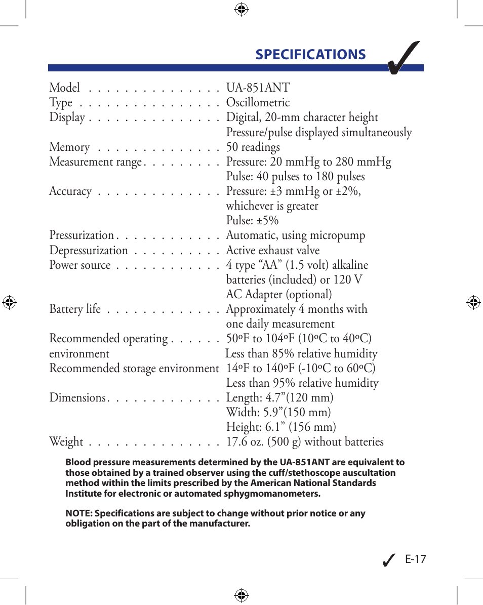 Specifications | A&D Wireless Automatic Blood Pressure Monitor UA-851ANT User Manual | Page 21 / 69