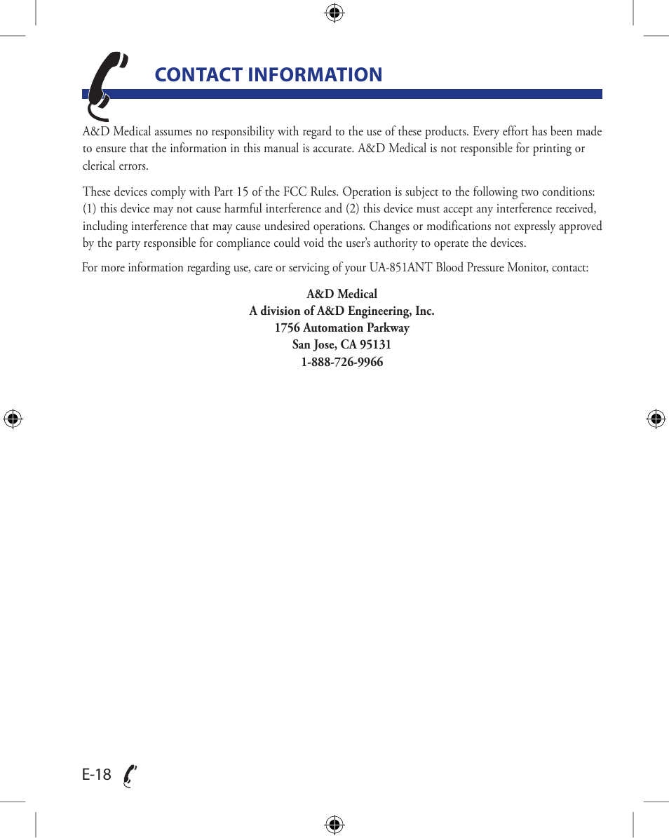 Contact information, E-18 | A&D Wireless Automatic Blood Pressure Monitor UA-851ANT User Manual | Page 22 / 69