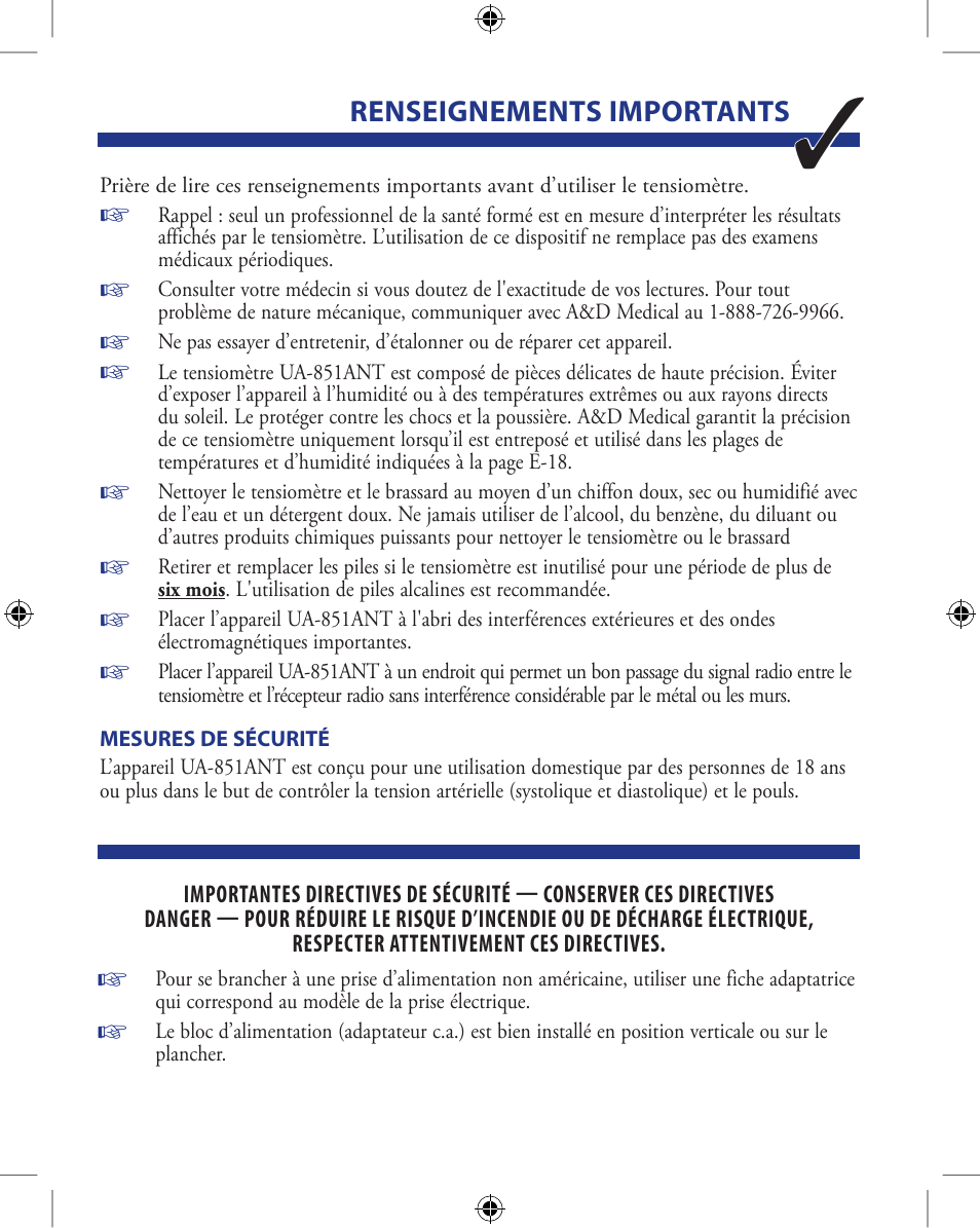 Renseignements importants | A&D Wireless Automatic Blood Pressure Monitor UA-851ANT User Manual | Page 25 / 69