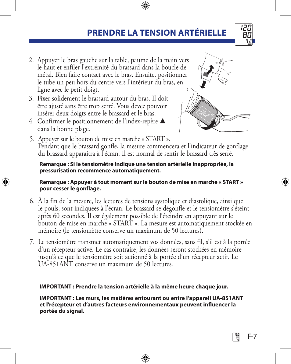 Prendre la tension artérielle | A&D Wireless Automatic Blood Pressure Monitor UA-851ANT User Manual | Page 33 / 69