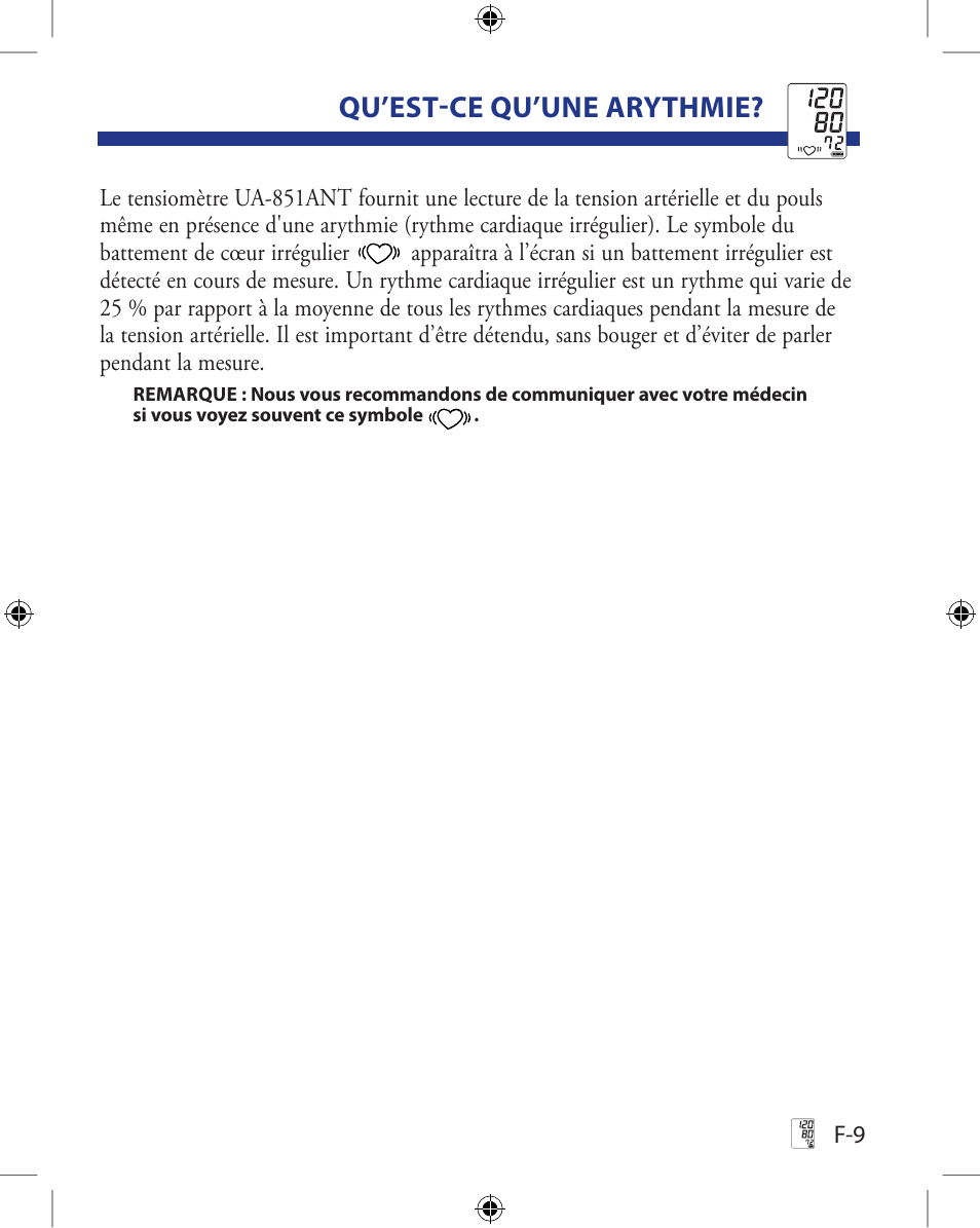 Qu’est-ce qu’une arythmie, Err cuf p-3 | A&D Wireless Automatic Blood Pressure Monitor UA-851ANT User Manual | Page 35 / 69