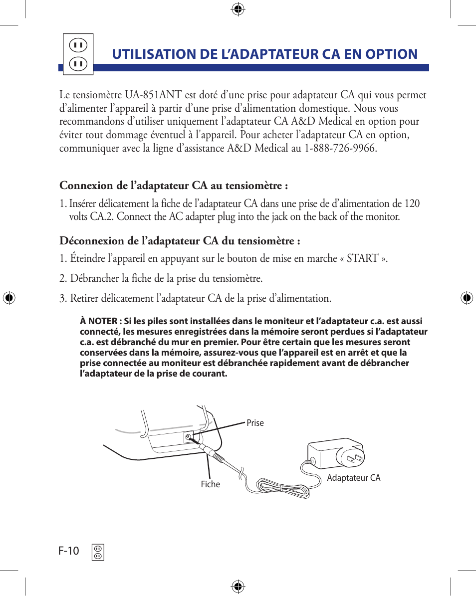 Utilisation de l’adaptateur ca en option | A&D Wireless Automatic Blood Pressure Monitor UA-851ANT User Manual | Page 36 / 69