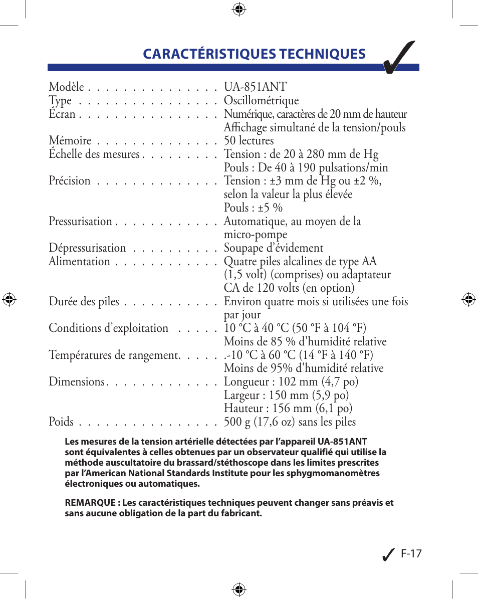 Caractéristiques techniques | A&D Wireless Automatic Blood Pressure Monitor UA-851ANT User Manual | Page 43 / 69