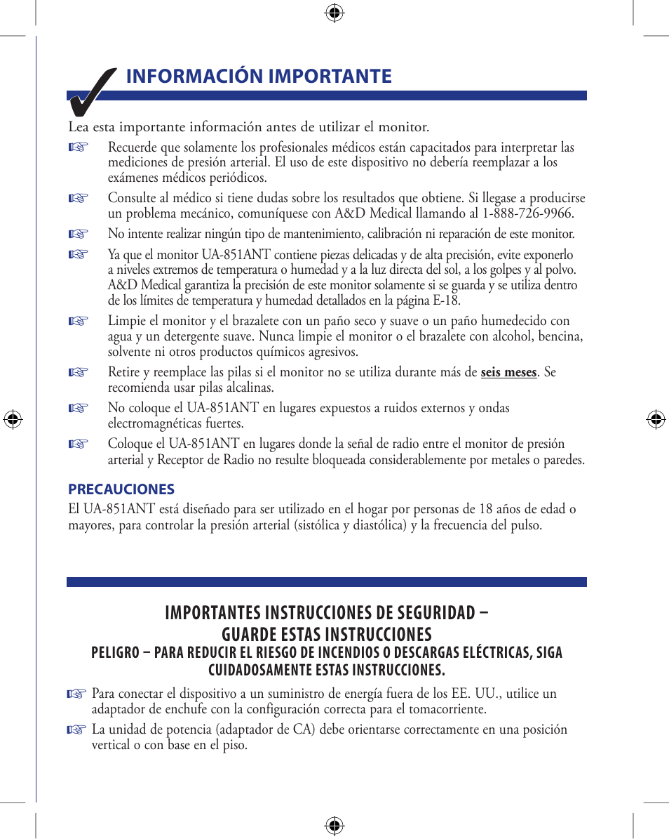 Información importante | A&D Wireless Automatic Blood Pressure Monitor UA-851ANT User Manual | Page 47 / 69