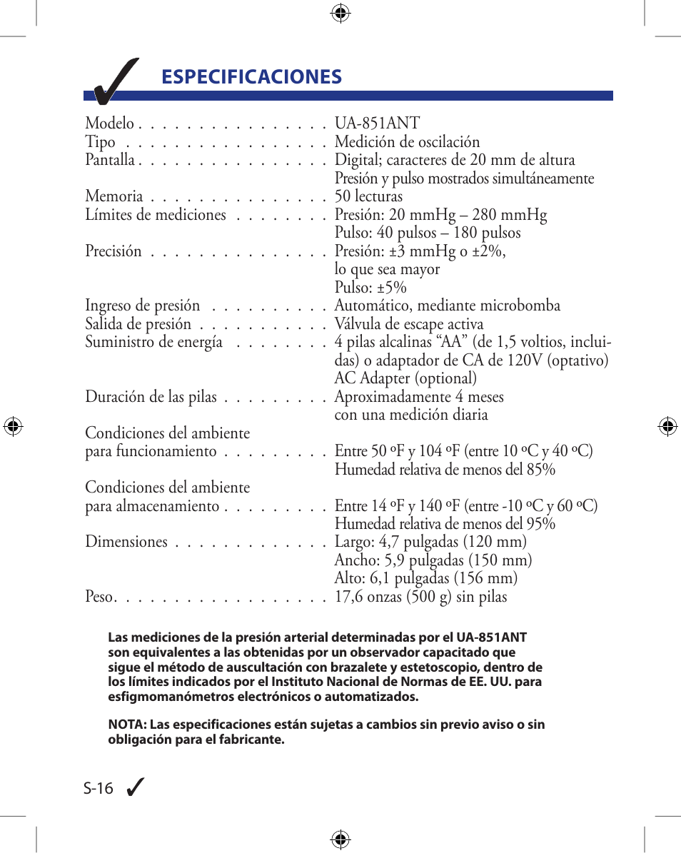 Especificaciones | A&D Wireless Automatic Blood Pressure Monitor UA-851ANT User Manual | Page 66 / 69