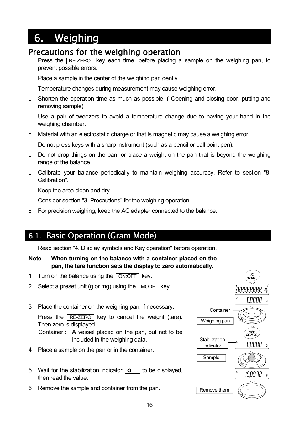 Weighing, Precautions for the weighing operation, Basic operation (gram mode) | A&D A & D Analytical Balance GH-120/GH-200/GH-300/GH-202/GH-252 User Manual | Page 18 / 86