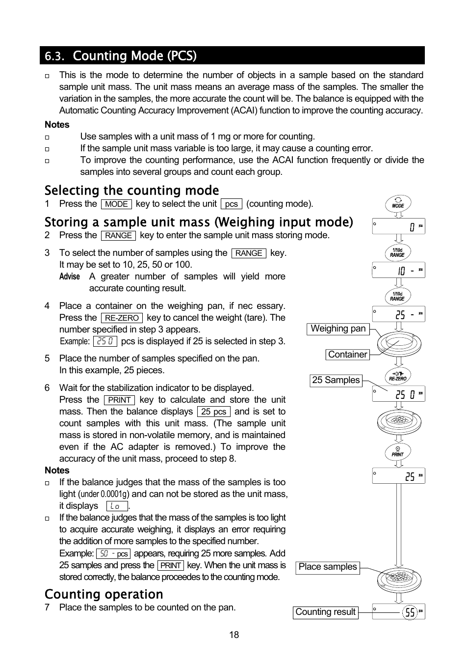 Counting mode (pcs), Selecting the counting mode, Storing a sample unit mass (weighing input mode) | Counting operation | A&D A & D Analytical Balance GH-120/GH-200/GH-300/GH-202/GH-252 User Manual | Page 20 / 86