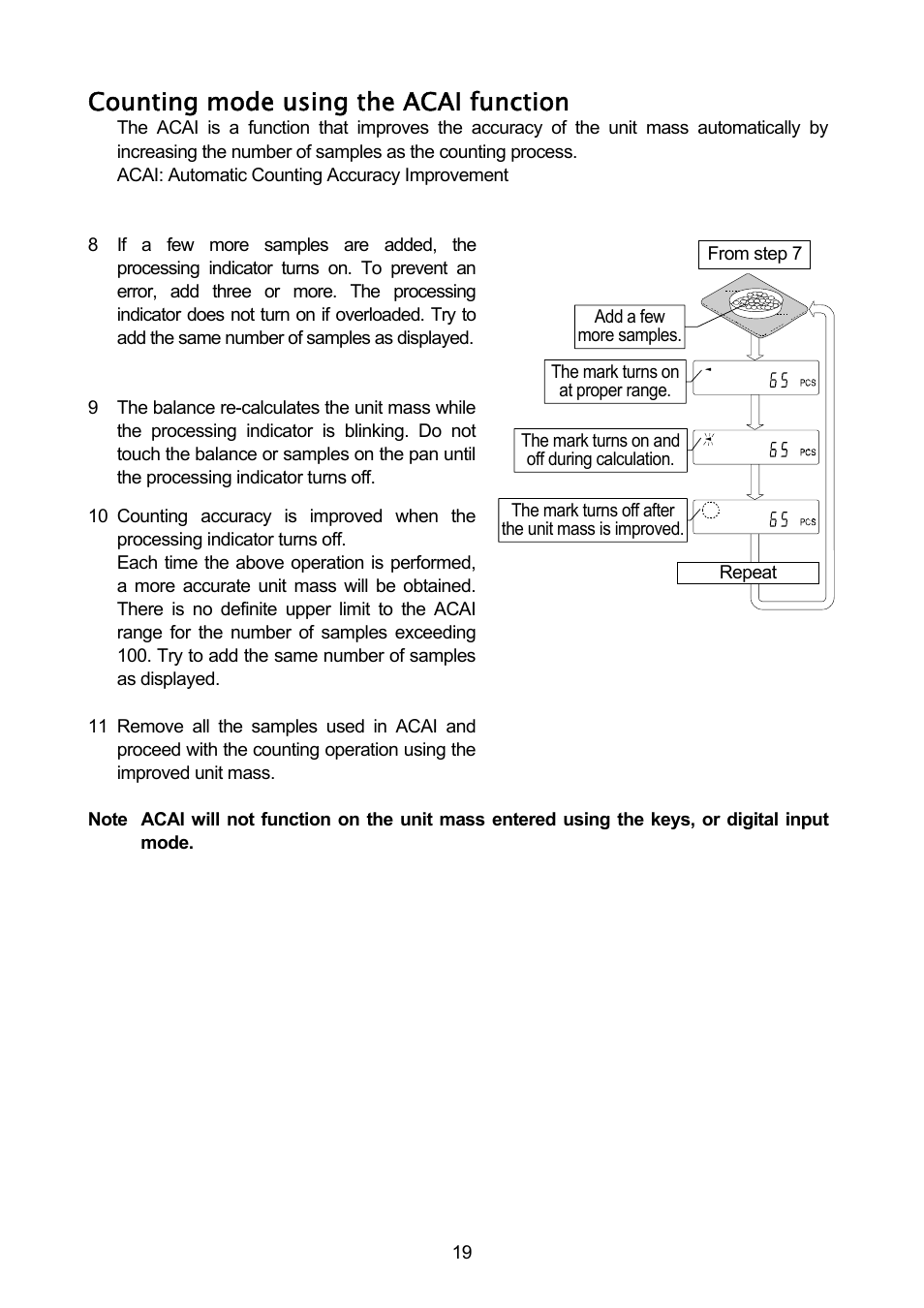 Counting mode using the acai function | A&D A & D Analytical Balance GH-120/GH-200/GH-300/GH-202/GH-252 User Manual | Page 21 / 86