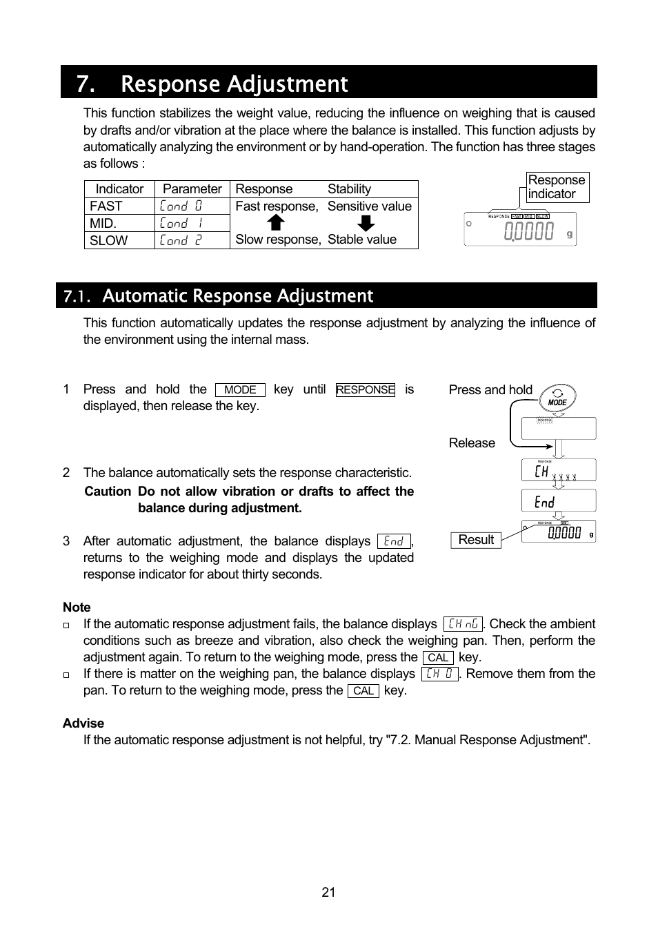 Response adjustment, Automatic response adjustment | A&D A & D Analytical Balance GH-120/GH-200/GH-300/GH-202/GH-252 User Manual | Page 23 / 86