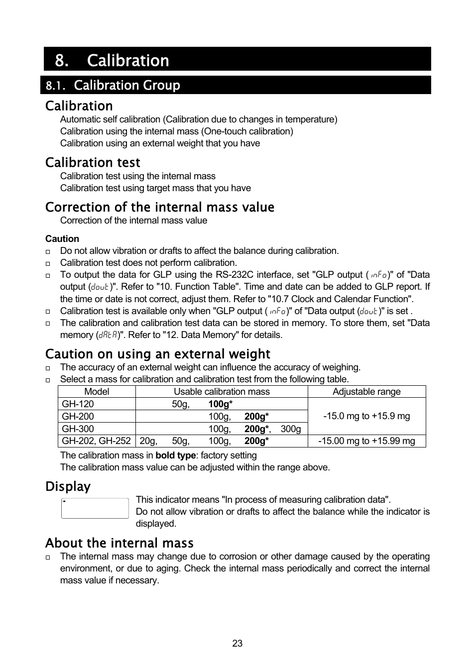 Calibration, Calibration group calibration, Calibration test | Correction of the internal mass value, Caution on using an external weight, Display, About the internal mass | A&D A & D Analytical Balance GH-120/GH-200/GH-300/GH-202/GH-252 User Manual | Page 25 / 86